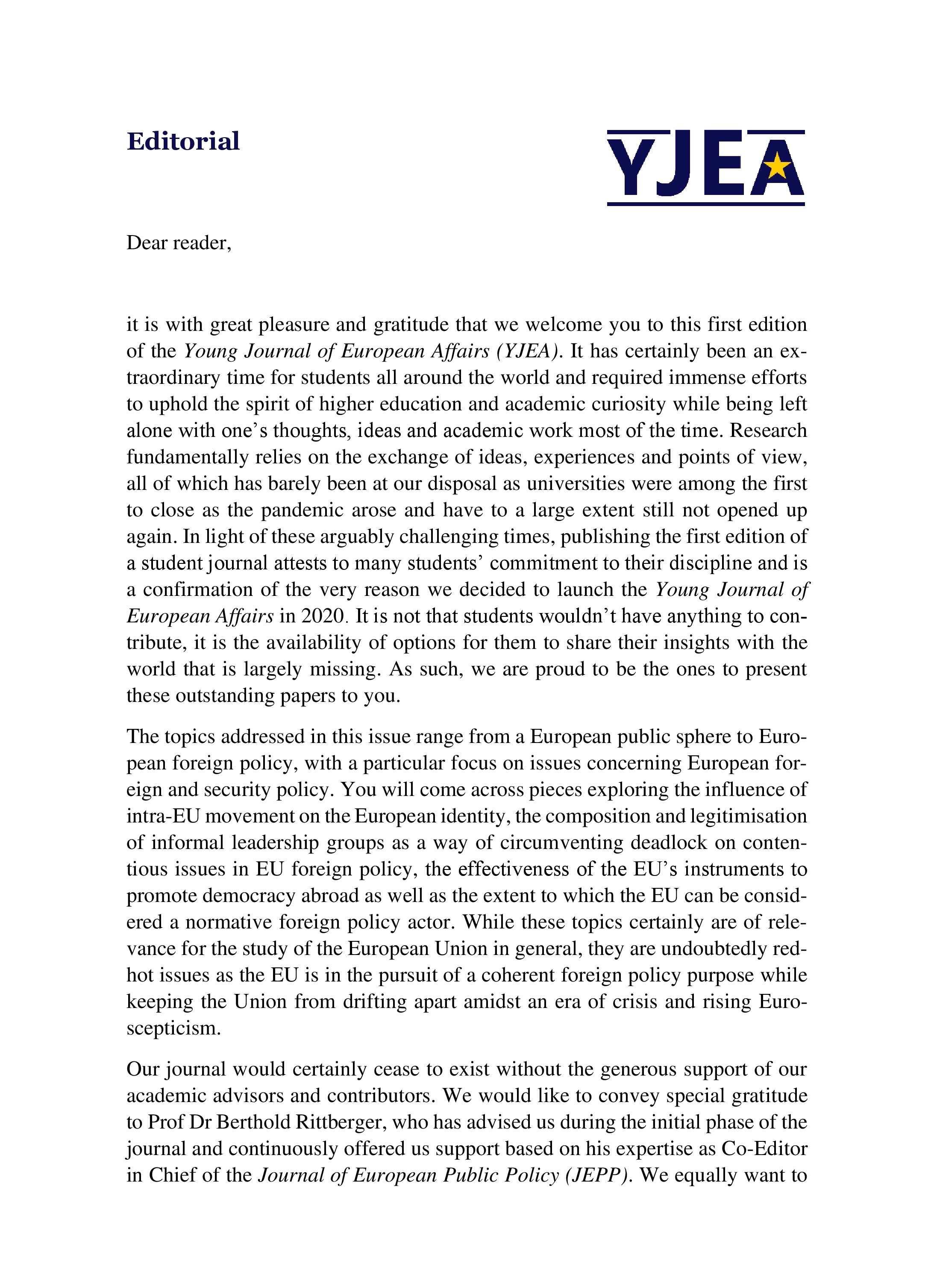 This is the editorial of the first issue of the YJEA in 2021.